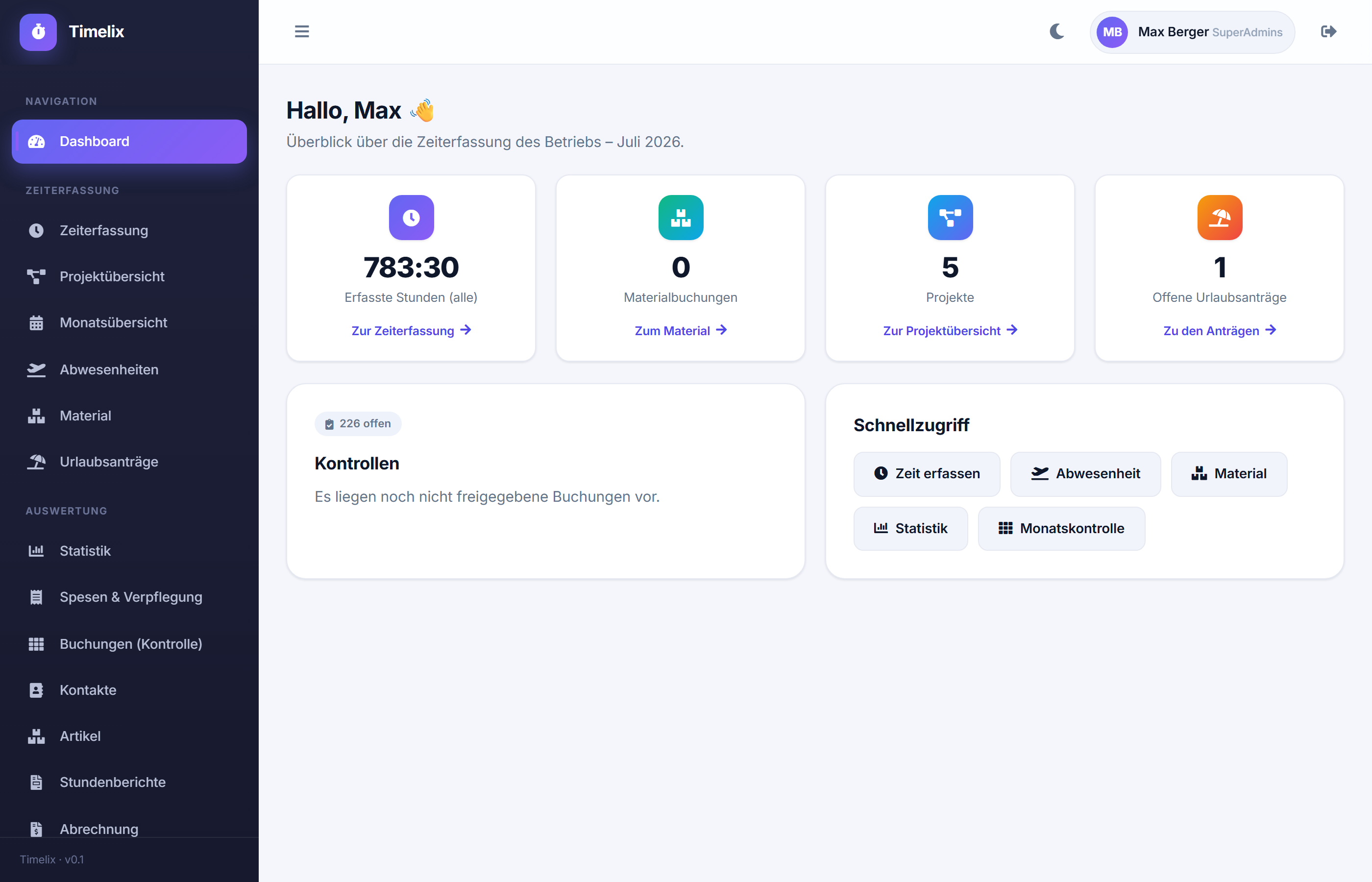 Timelix Dashboard mit Zeiterfassung, Projekten und Freigaben