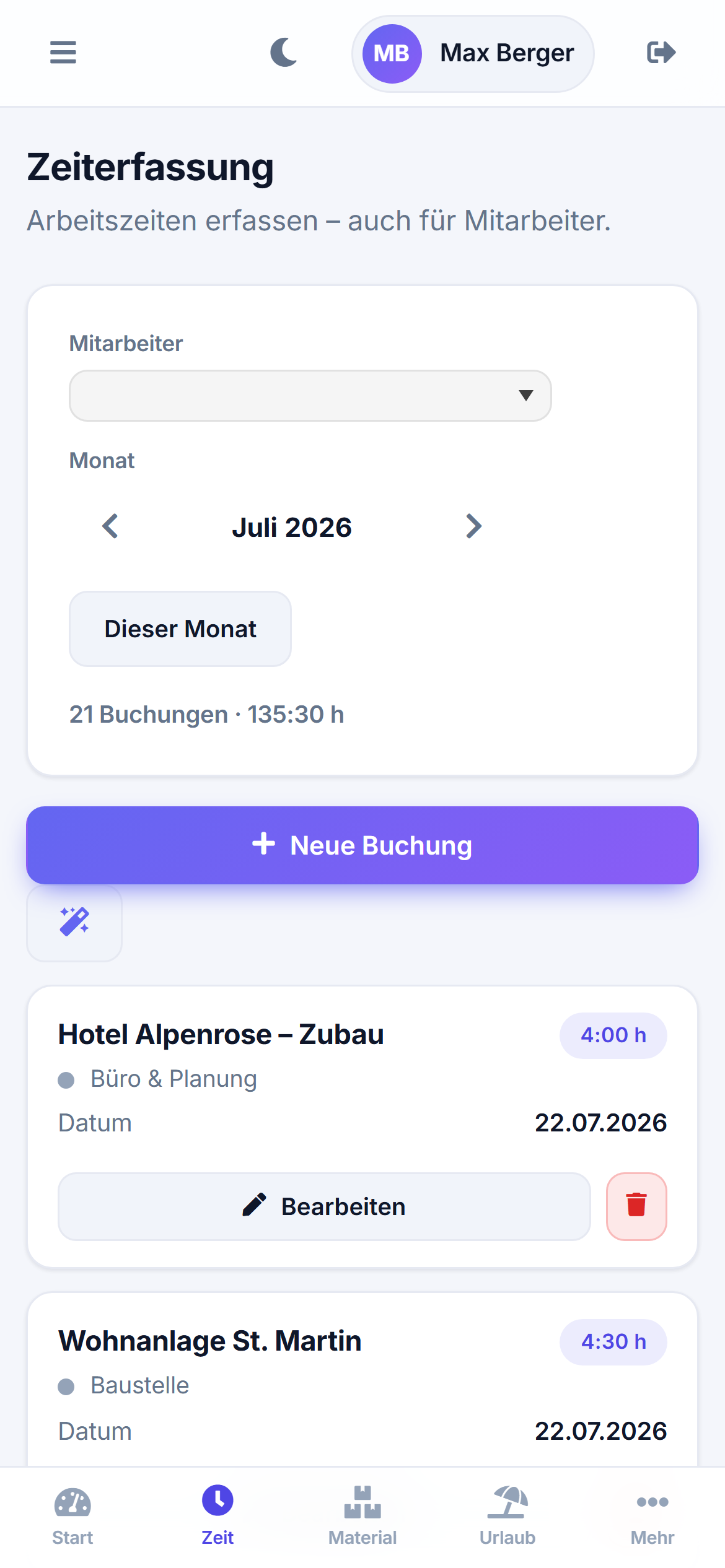 Mobile Timelix Zeiterfassung mit Projektbuchungen