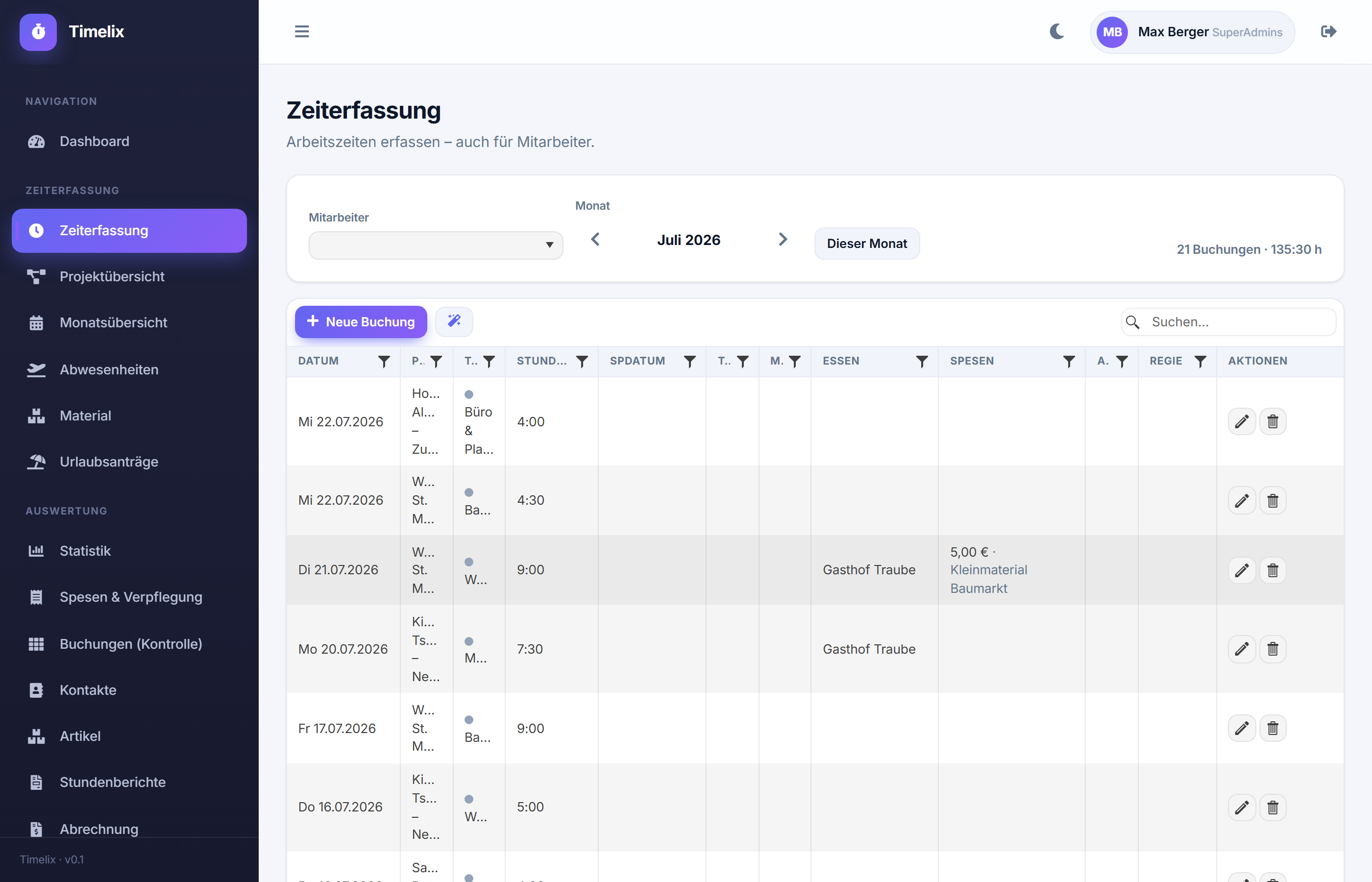Timelix Zeiterfassung in der Desktopansicht